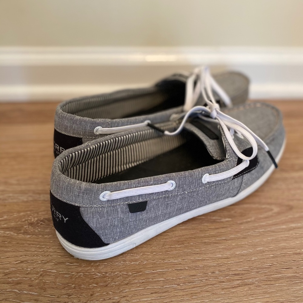Grey Denim Sperry Loafers with Navy & White Accent